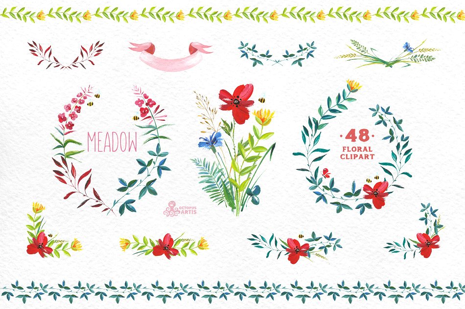 高品质丙烯颜料植物花卉设计素材Meadow. Floral