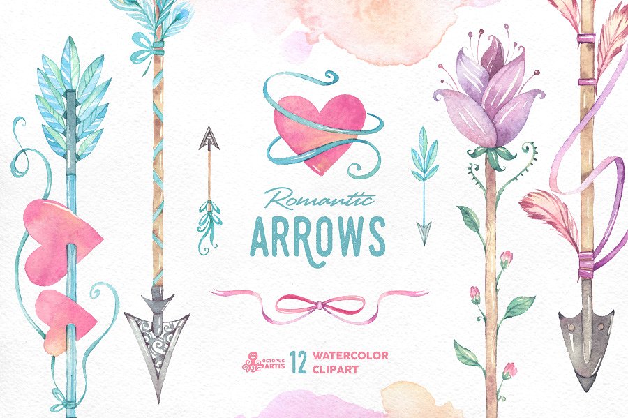 水彩手绘箭头设计素材Romantic Arrows wate