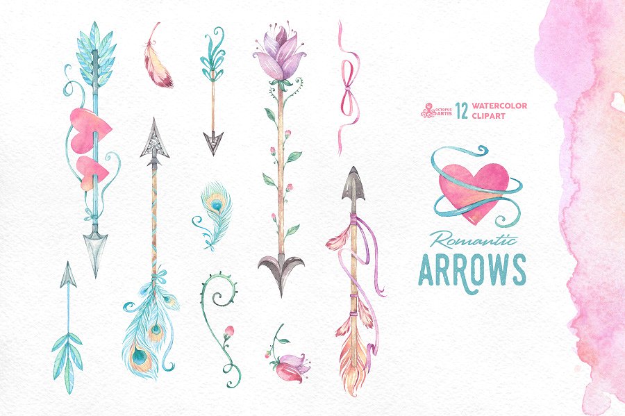 水彩手绘箭头设计素材Romantic Arrows wate