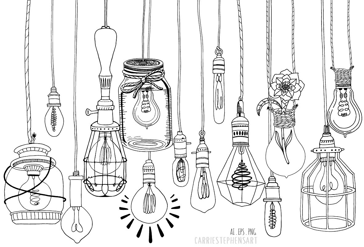 灯泡线条插图设计素材Hanging Light Bulb L