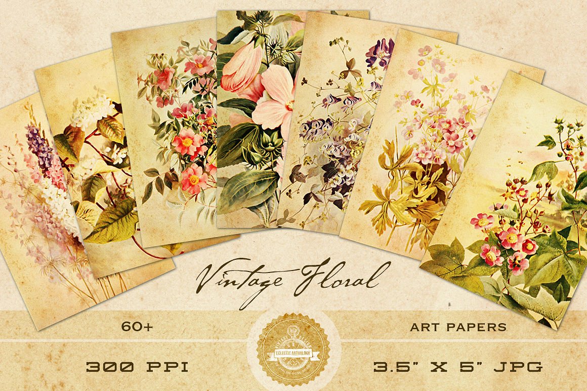 复古花卉设计素材Vintage Floral Art Pap