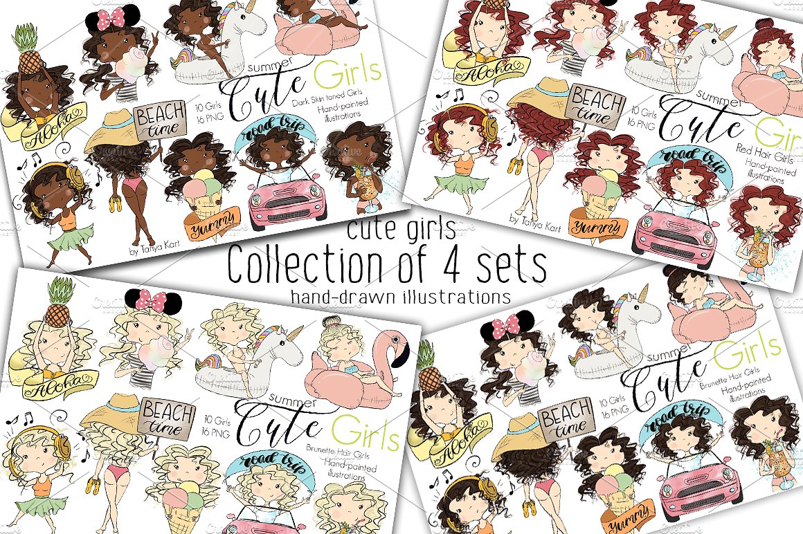 手绘卡通女孩设计素材Collection of 4 Sets