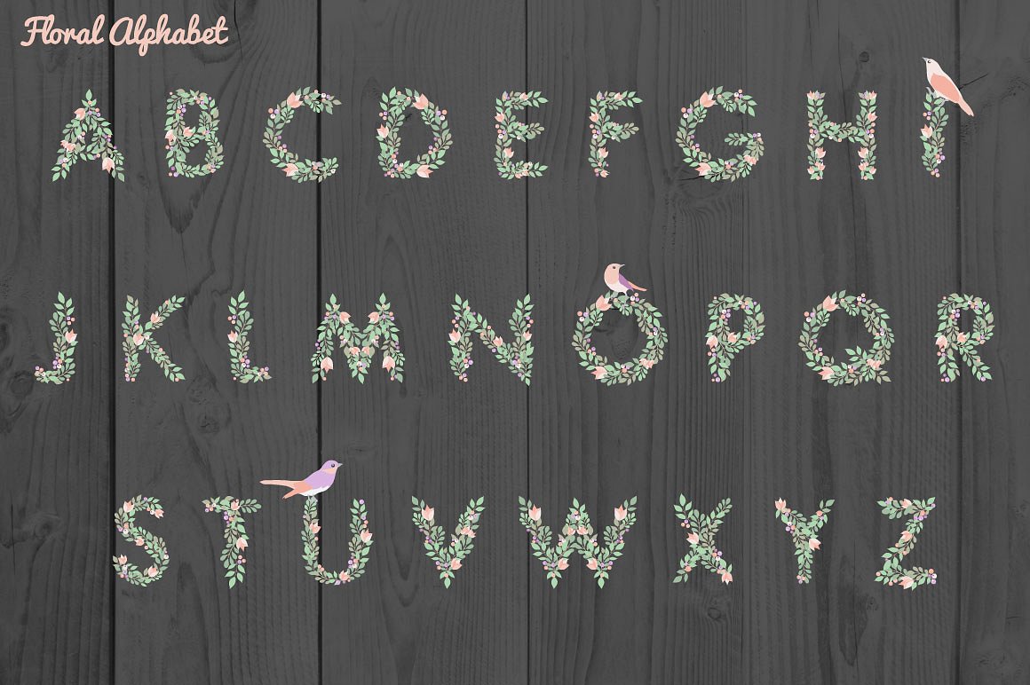 手绘花卉字母花环设计素材包Floral Alphabet a