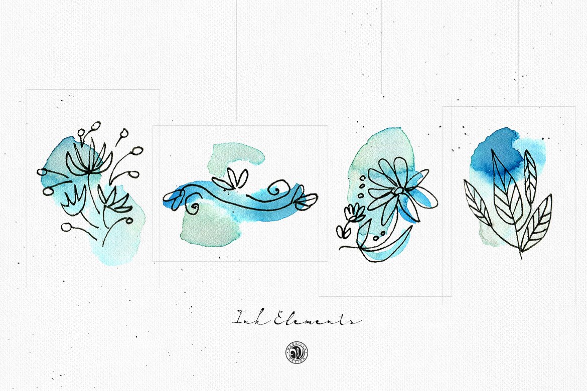 手绘花卉素材Ink Elements with Waterc