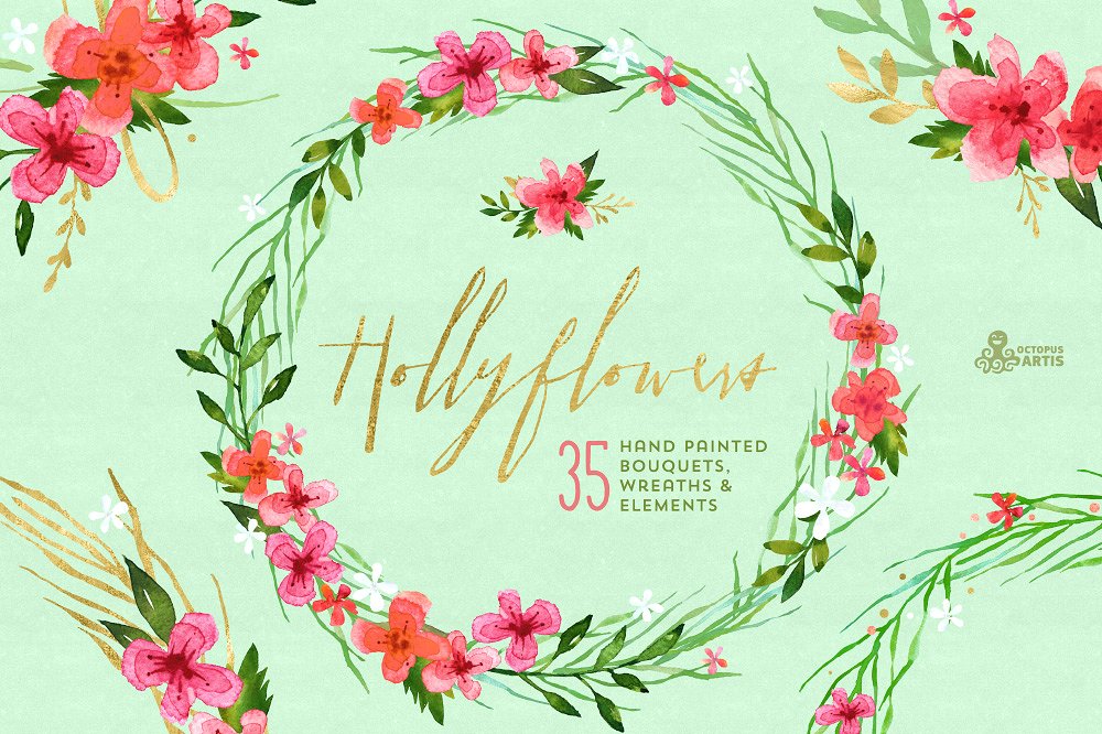 手绘水彩花卉素材Hollyflowers. Holiday