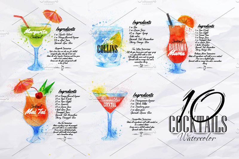 水彩鸡尾酒设计素材Cocktails watercolor
