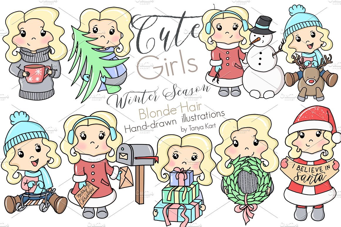 可爱卡通小女孩插图Cute Girls Winter Sea