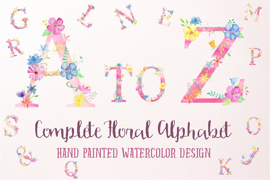 手绘花卉字母设计素材Pink Floral Alphabet