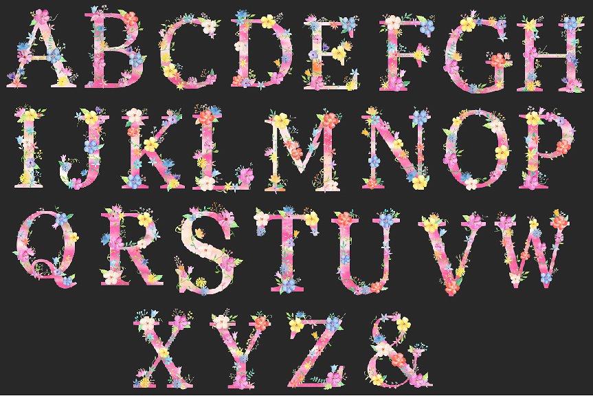 手绘花卉字母设计素材Pink Floral Alphabet