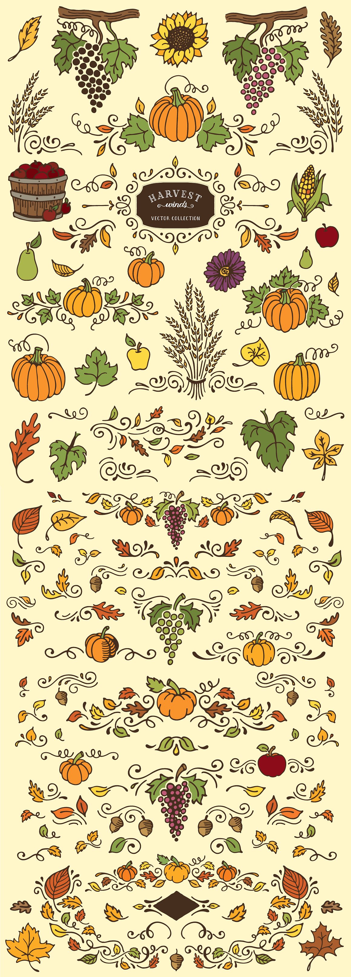 手绘秋天主题和边框插图素材Harvest Winds Vec