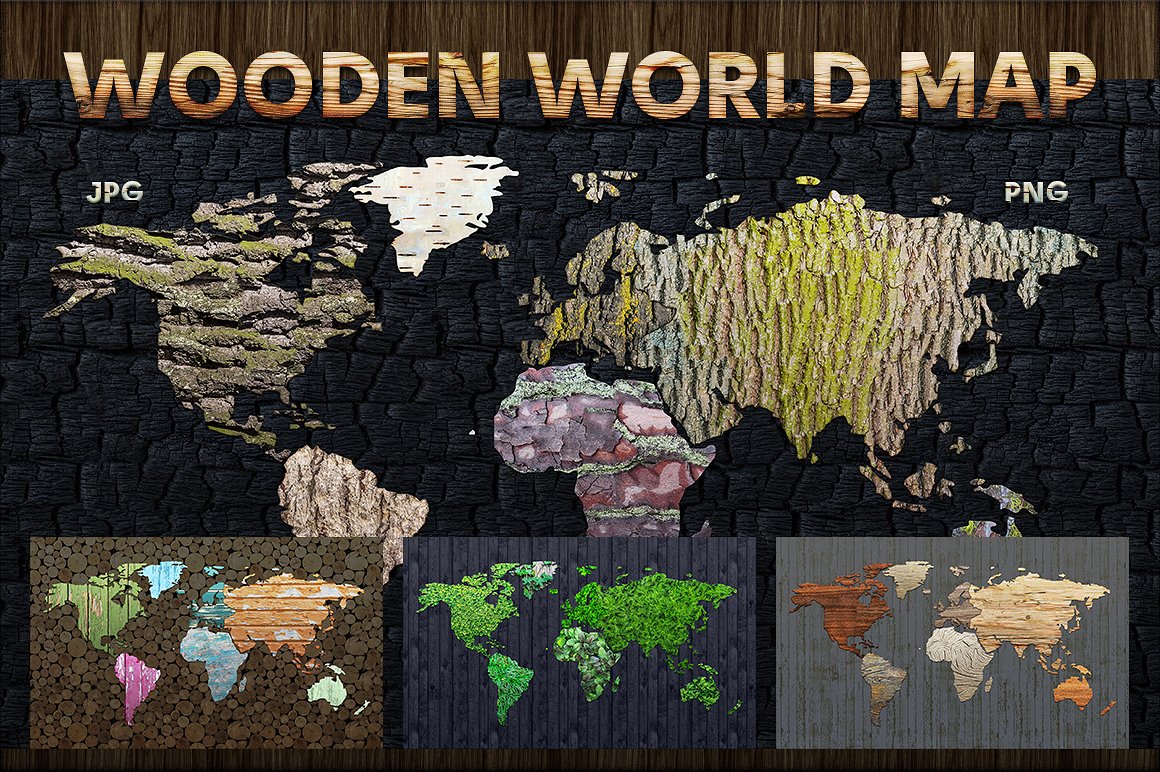 创意地图设计素材Wood Texture World Map
