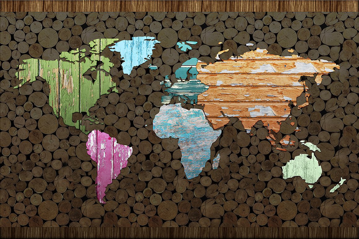 创意地图设计素材Wood Texture World Map