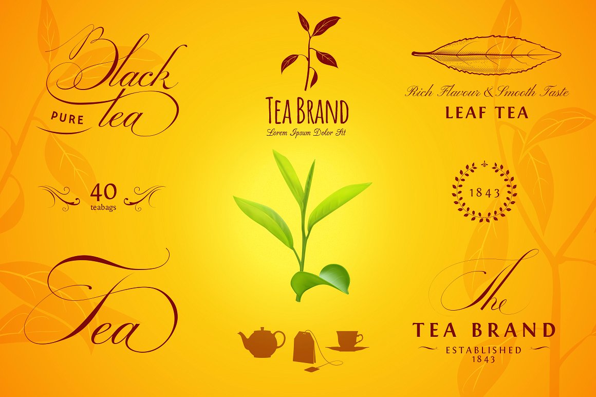 茶设计元素Tea Labels, Logos and Ele