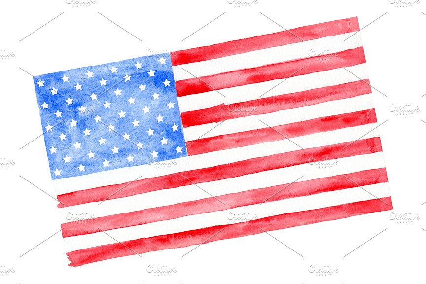 手绘水彩美国国旗设计素材Watercolor America