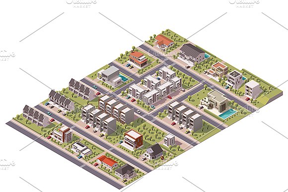 建筑物和道路Isometric suburb map #30