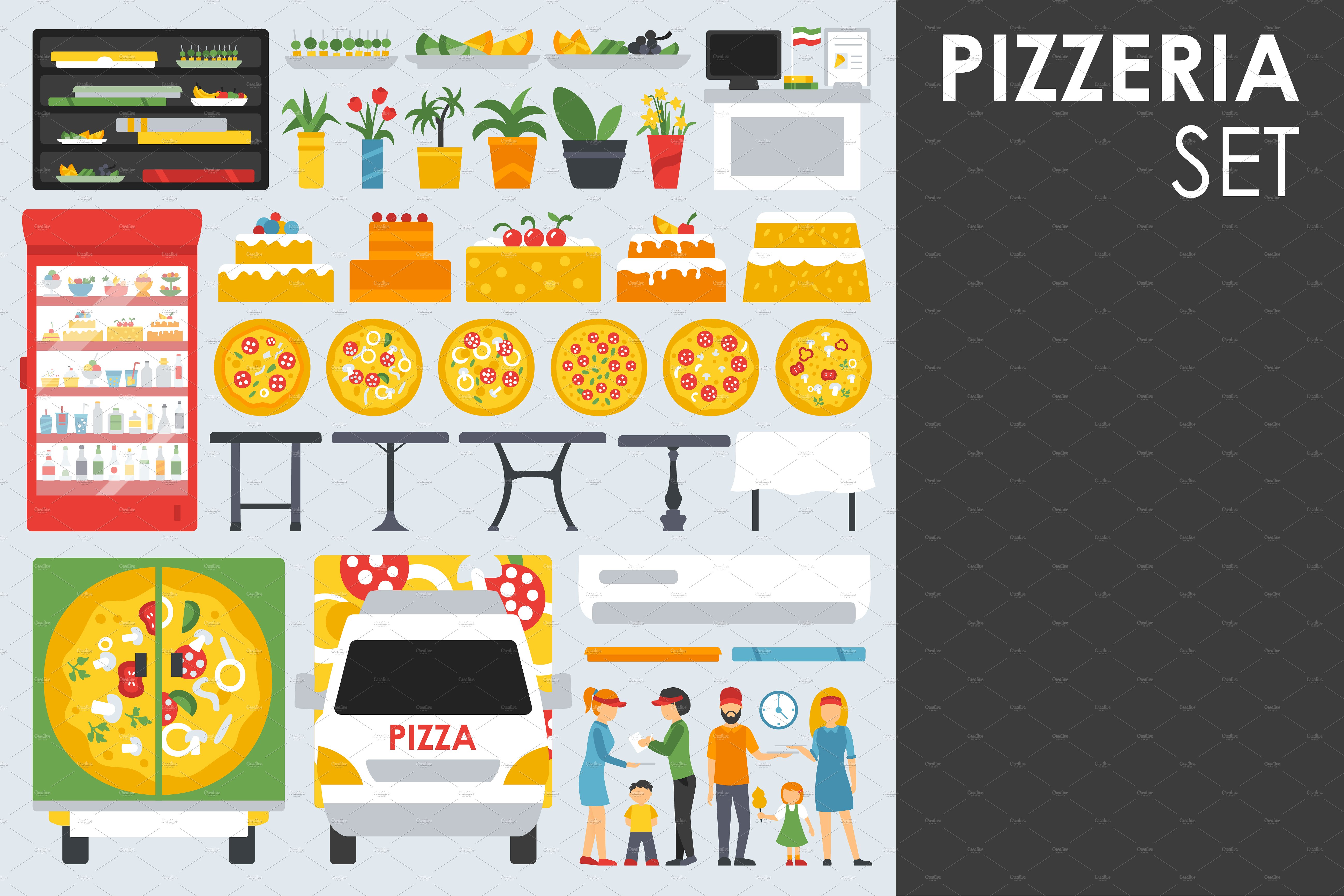 比萨店室内平面图Pizzeria Flat Objects