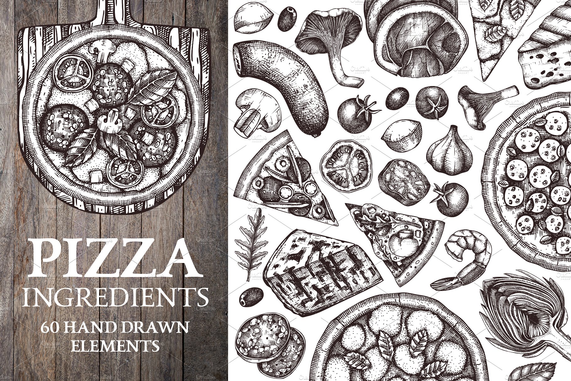 披萨食物元素Pizza Ingredients. Vecto