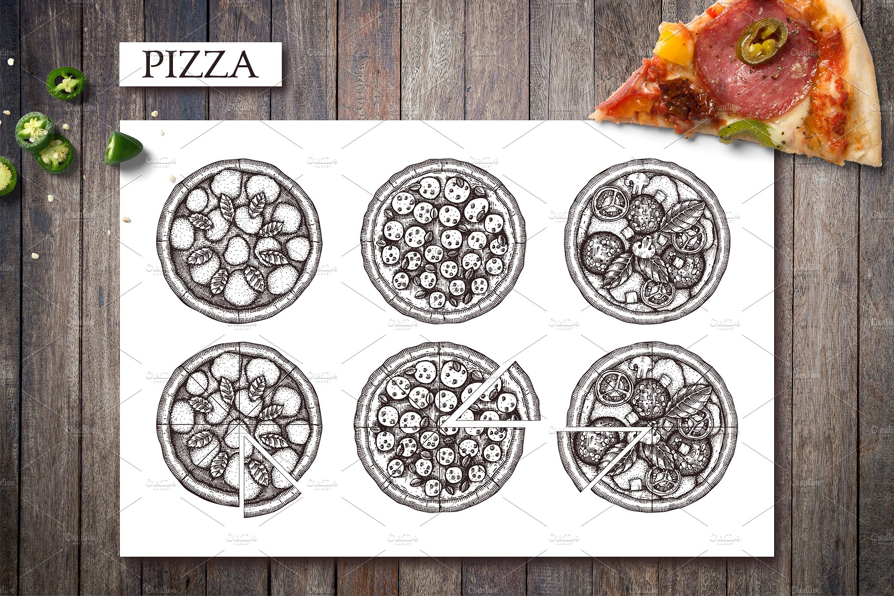 披萨食物元素Pizza Ingredients. Vecto
