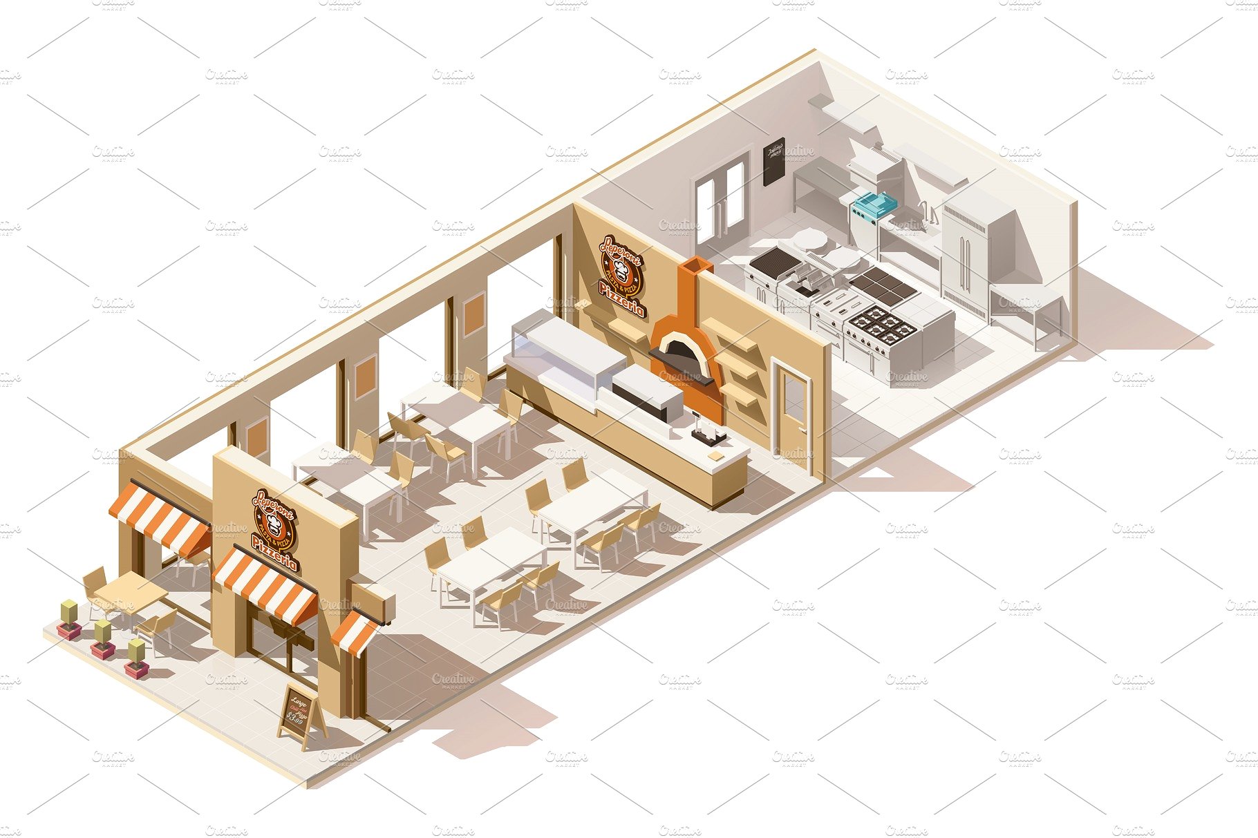 比萨店餐馆内部Vector isometric low po