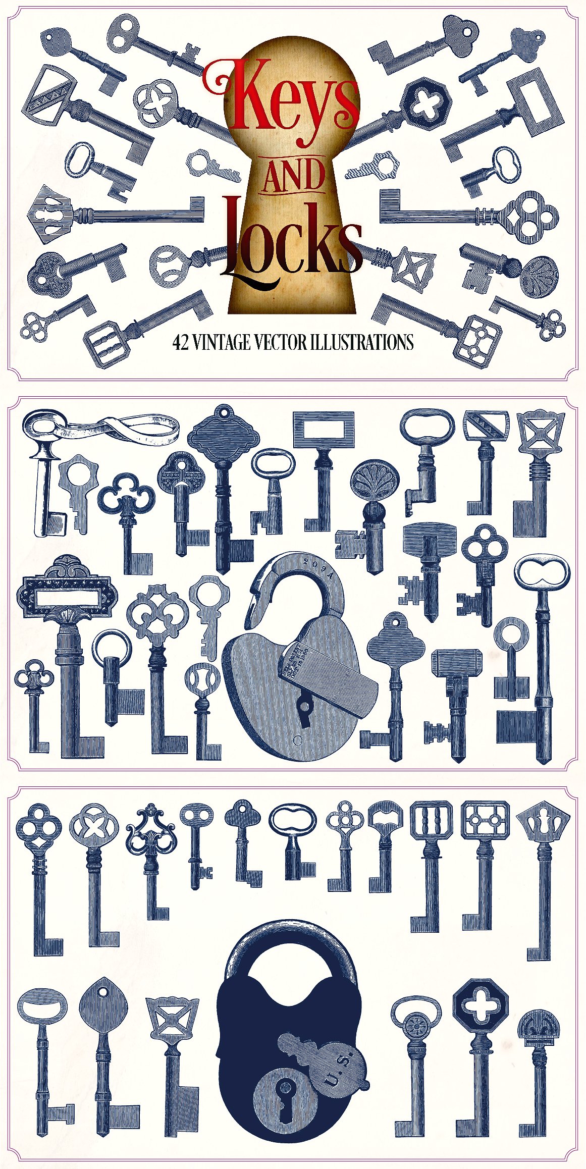 复古矢量插图Vintage Keys and Locks #