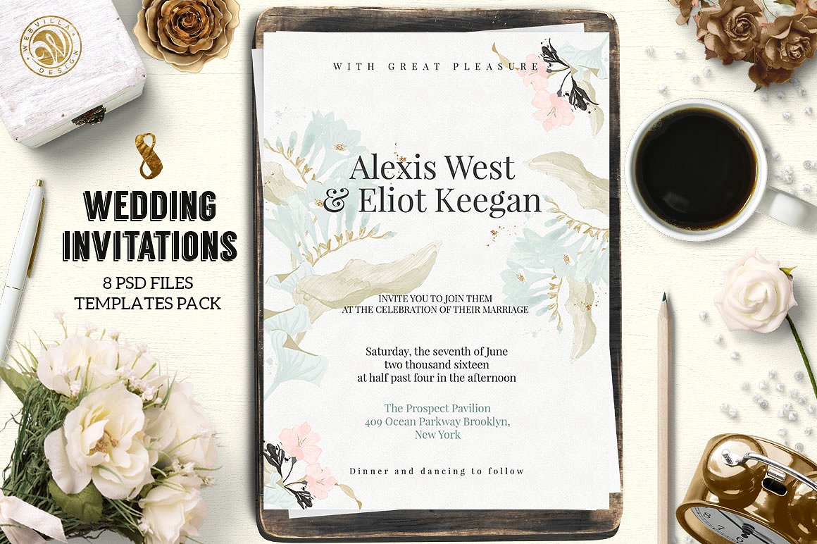 花卉封面8 Wedding Invitations Pack