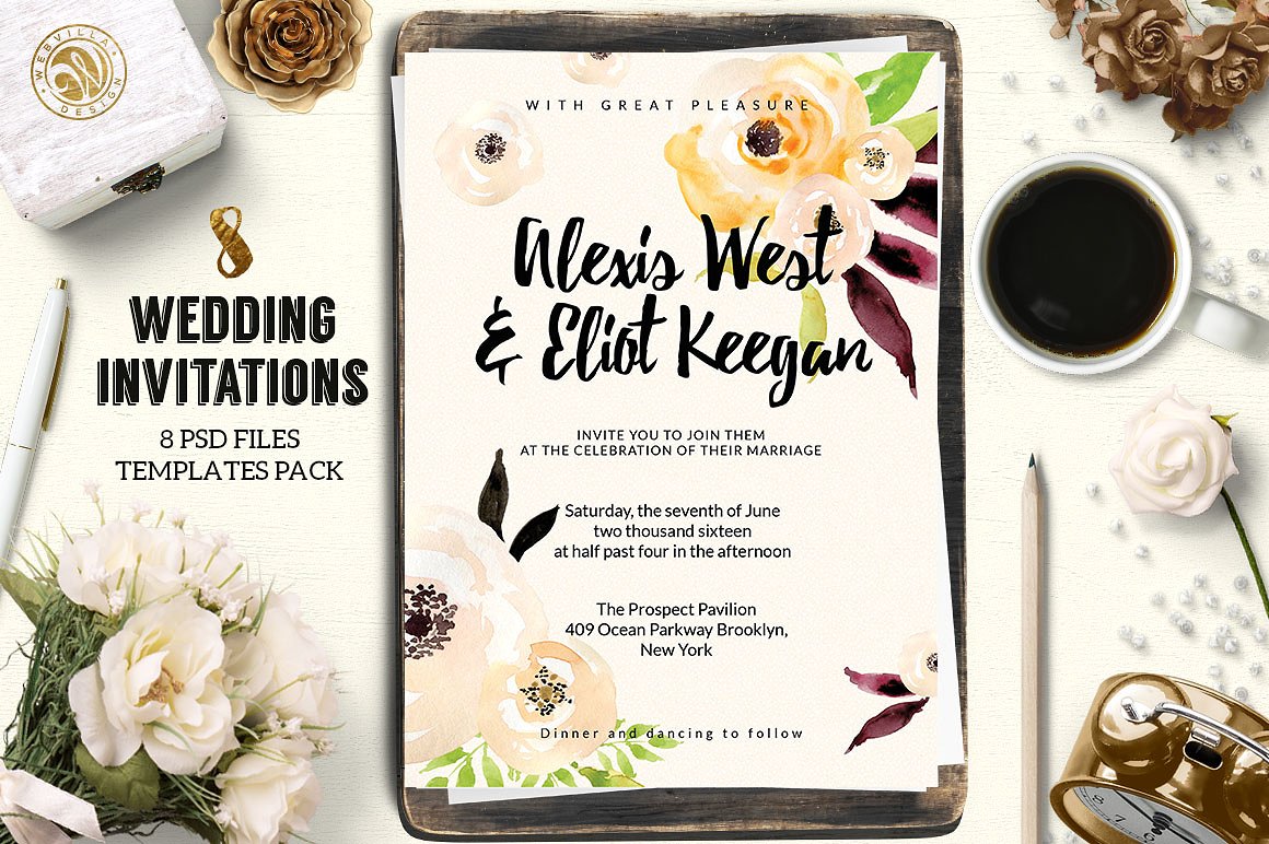 花卉封面8 Wedding Invitations Pack