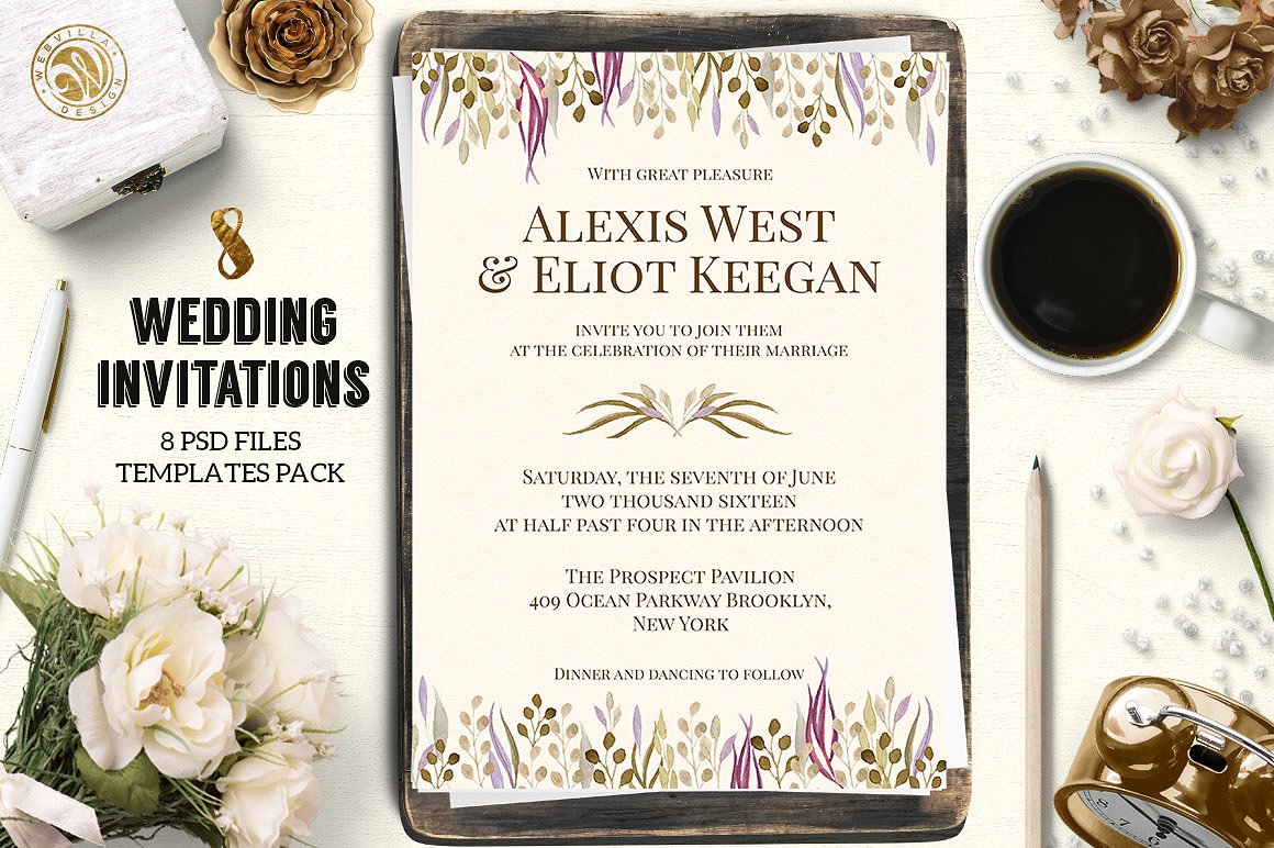 花卉封面8 Wedding Invitations Pack