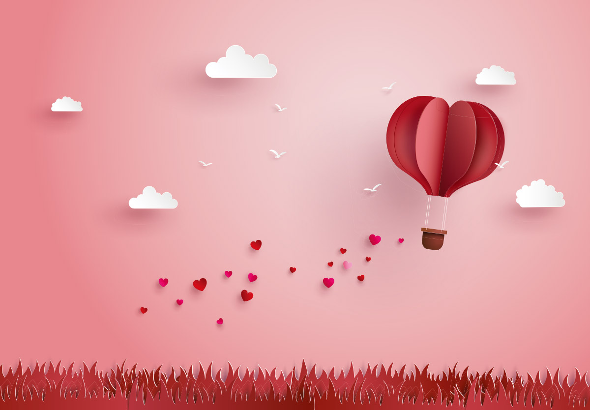 纸艺术风格浪漫情人节爱心热气球草地天空插图背景矢量设计素材V
