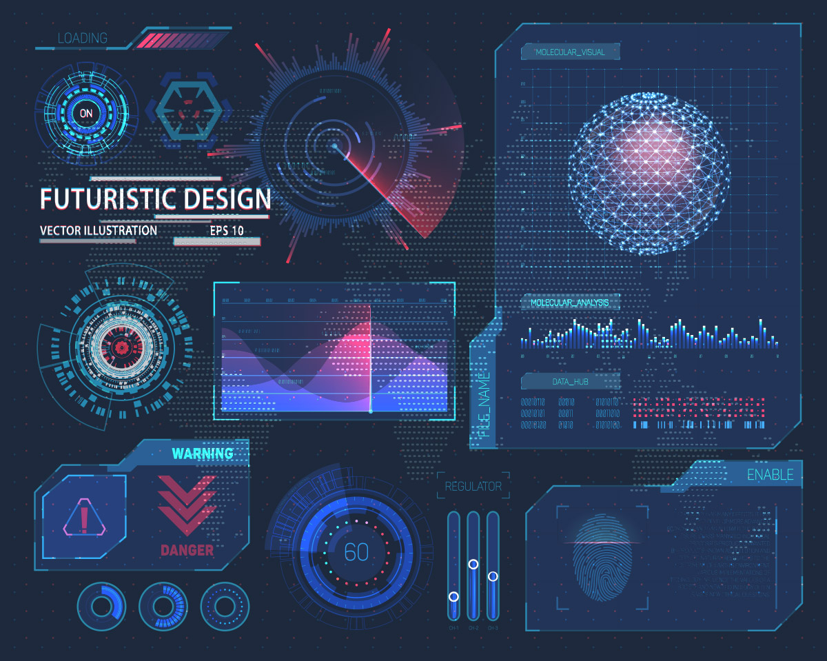 蓝色未来科技信息图形元素指纹扫描调节器全息图矢量设计素材Fu
