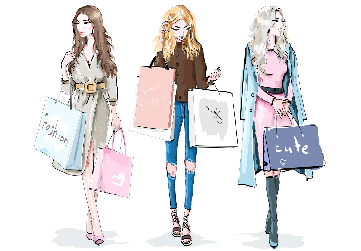 时尚卡通手绘年轻女孩购物逛街概念素描插图矢量设计素材Fash