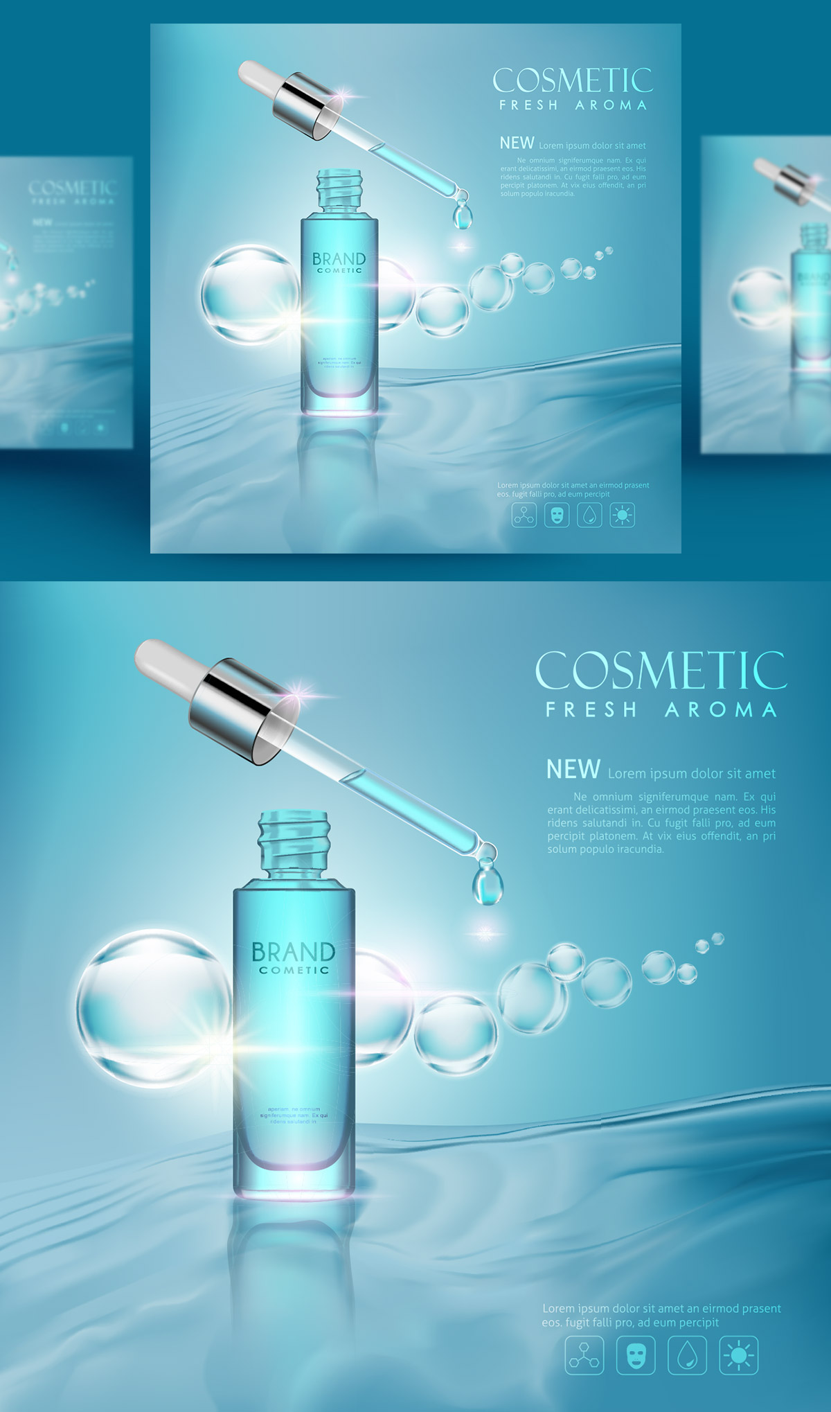 蓝色化妆品护肤品精华产品广告矢量3D插图设计素材Cosmet