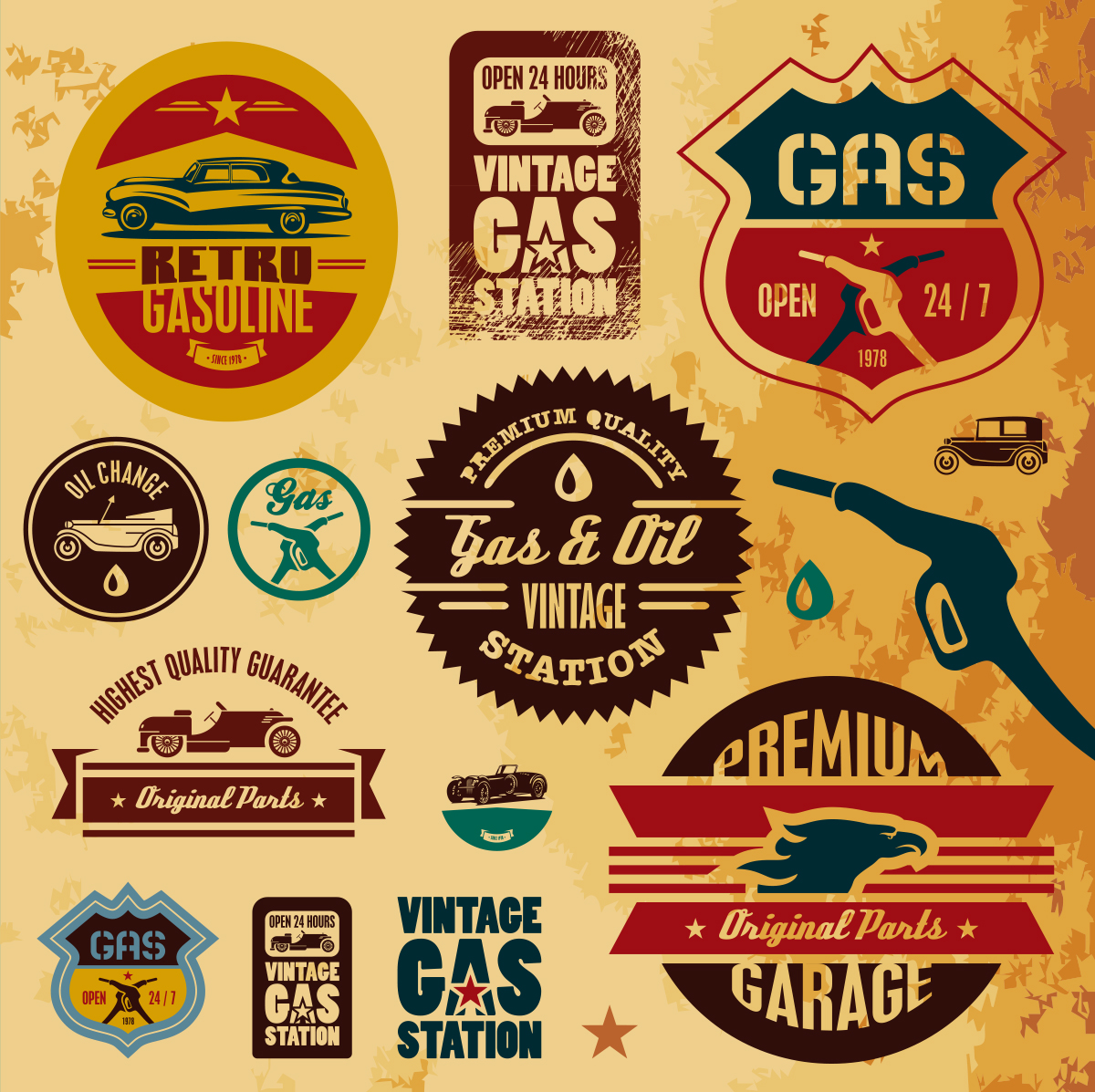 时尚复古汽车加油站汽油标志标签矢量设计素材Gas stati