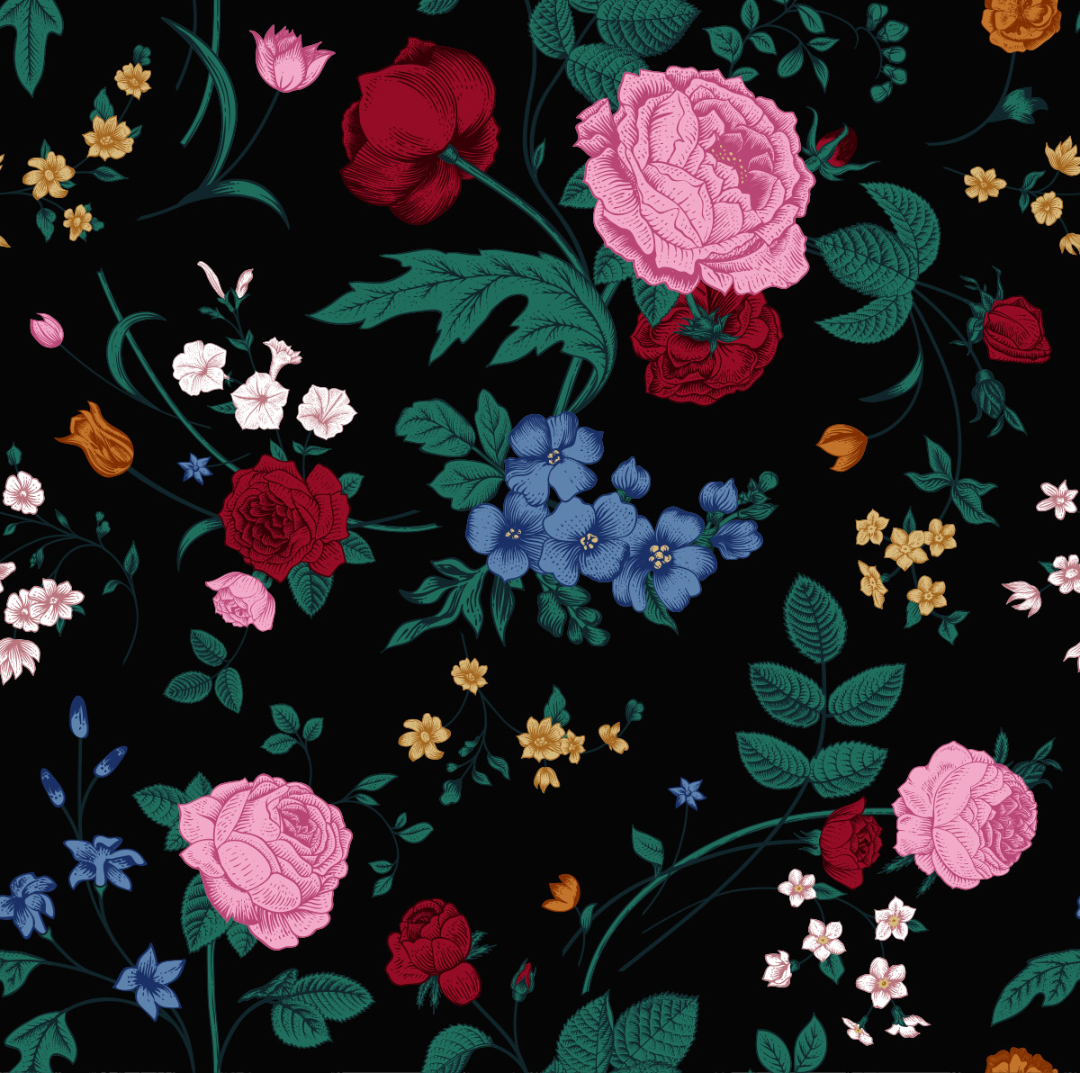 复古维多利亚鲜花彩色花卉无缝矢量古典图案背景设计素材Vict