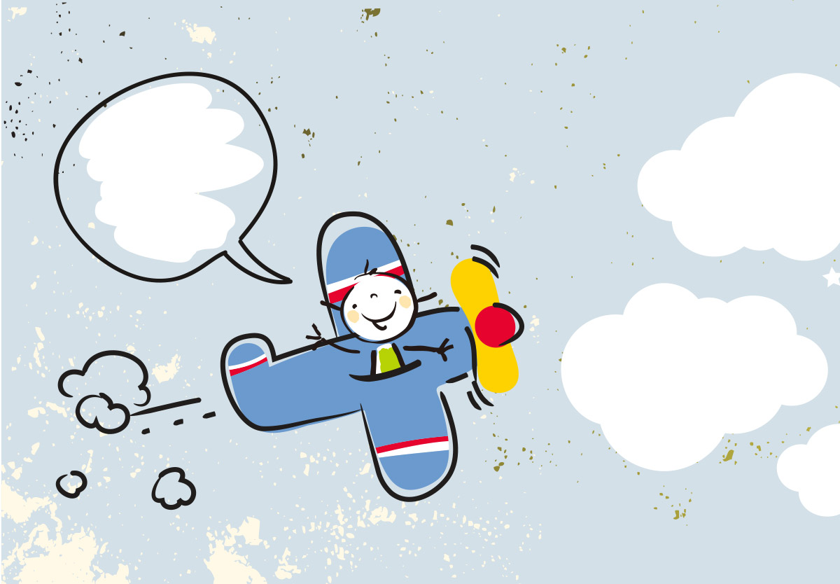 卡通涂鸦风格快乐的孩子飞行员蓝色飞机气球矢量插图设计素材Ha