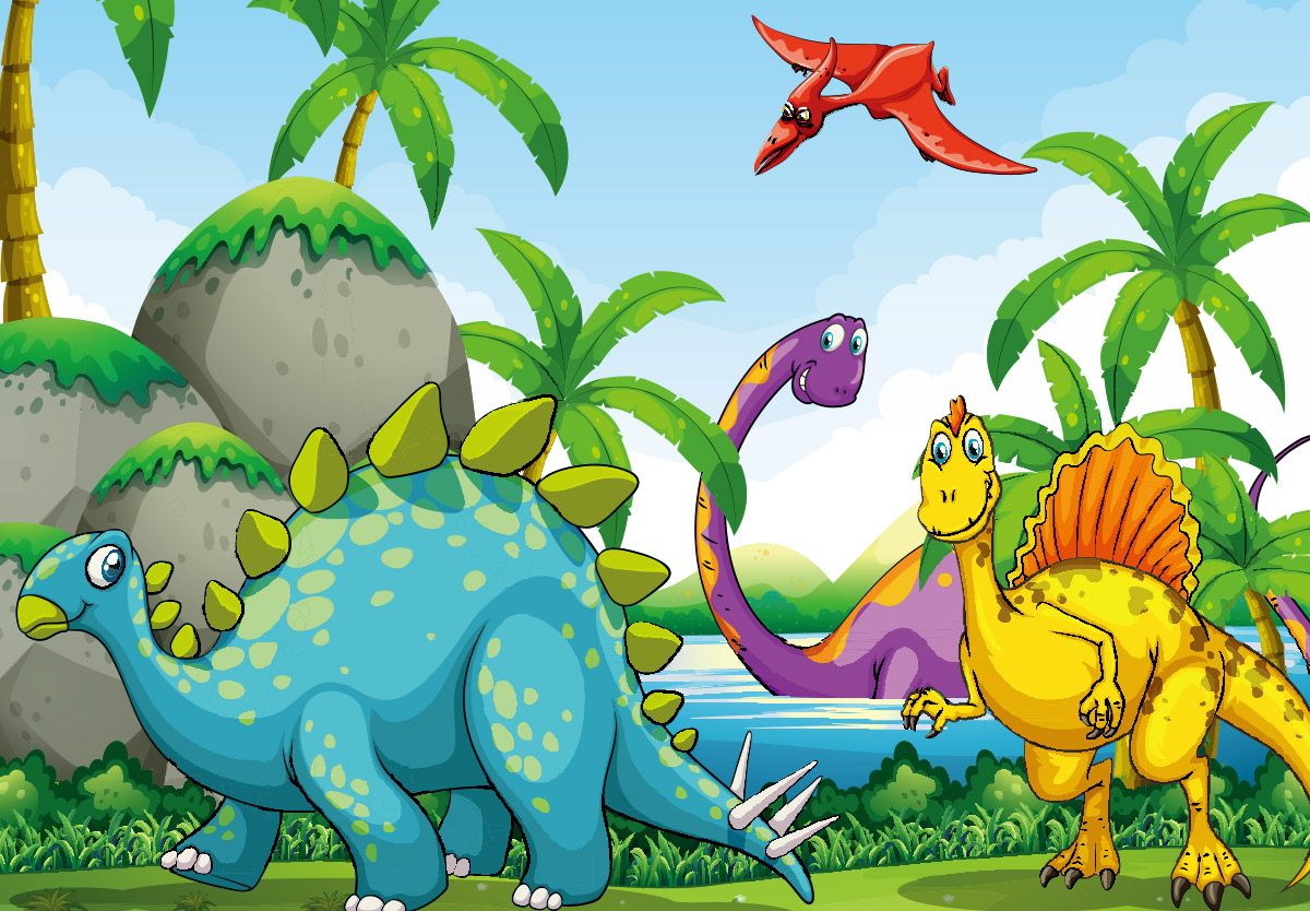 可爱卡通动物丛林中的恐龙动画场景矢量设计素材Dinosaur