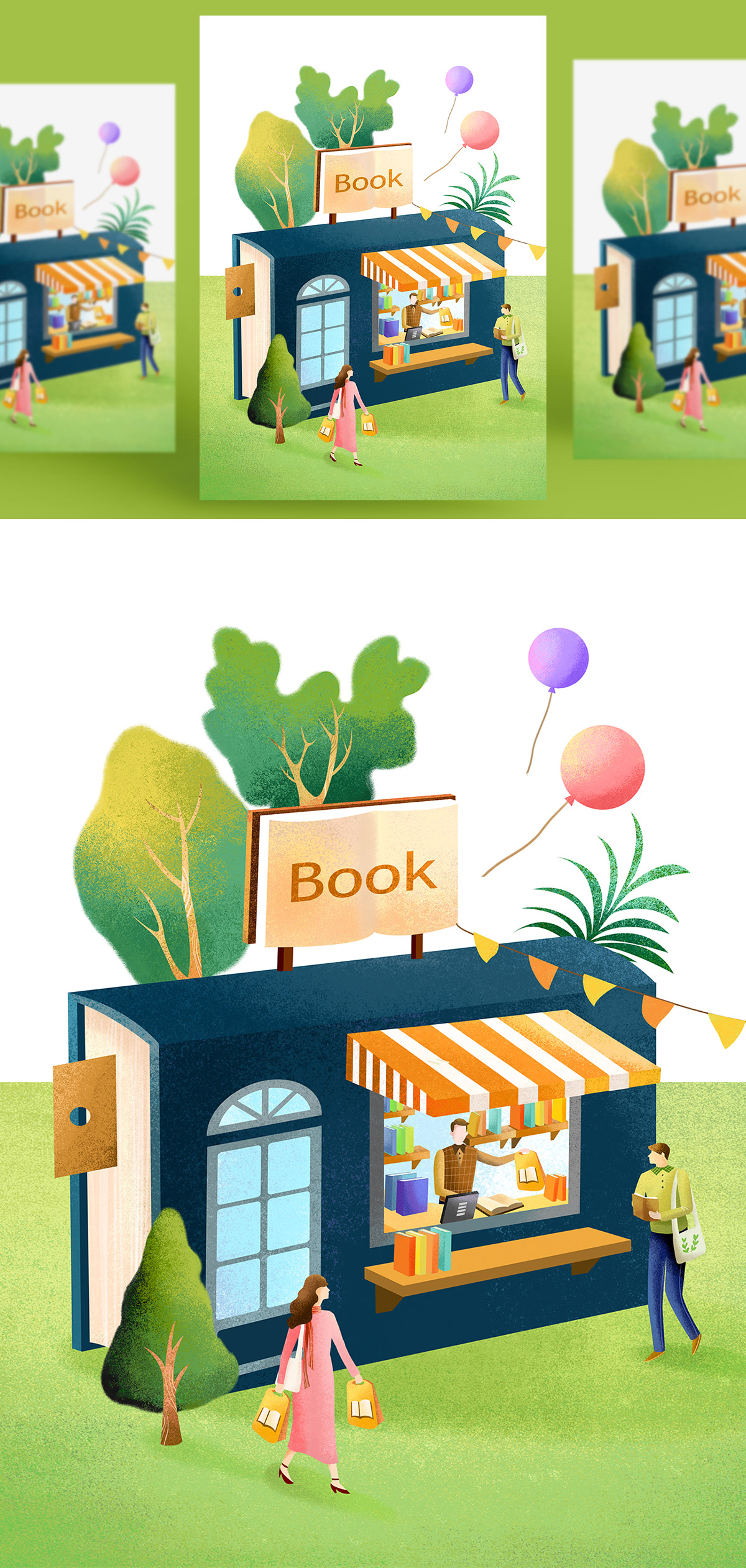 创意卡通手绘书籍阅读2.5D郊游玩耍场景插图背景PSD设计素