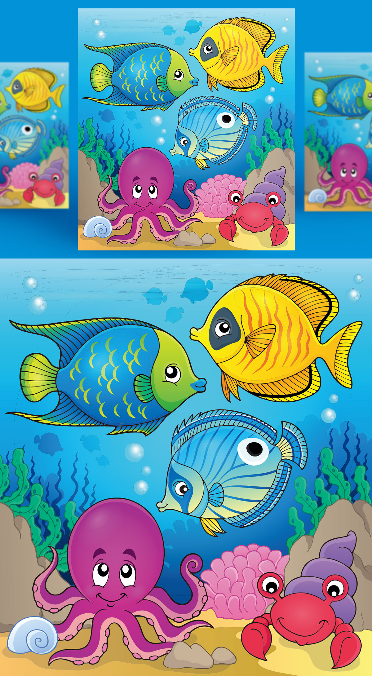 卡通手绘可爱海洋动物海底世界矢量插图动画场景设计素材Cora
