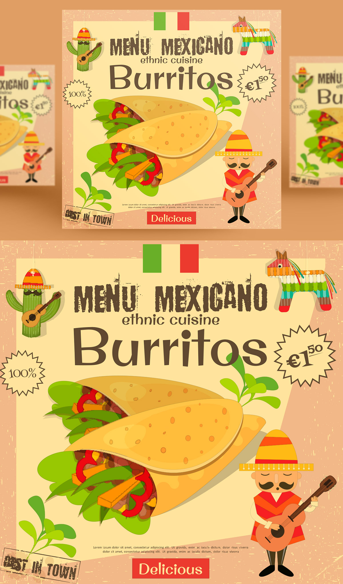 古典风格墨西哥传统食品卷饼菜单矢量插图设计素材Mexican