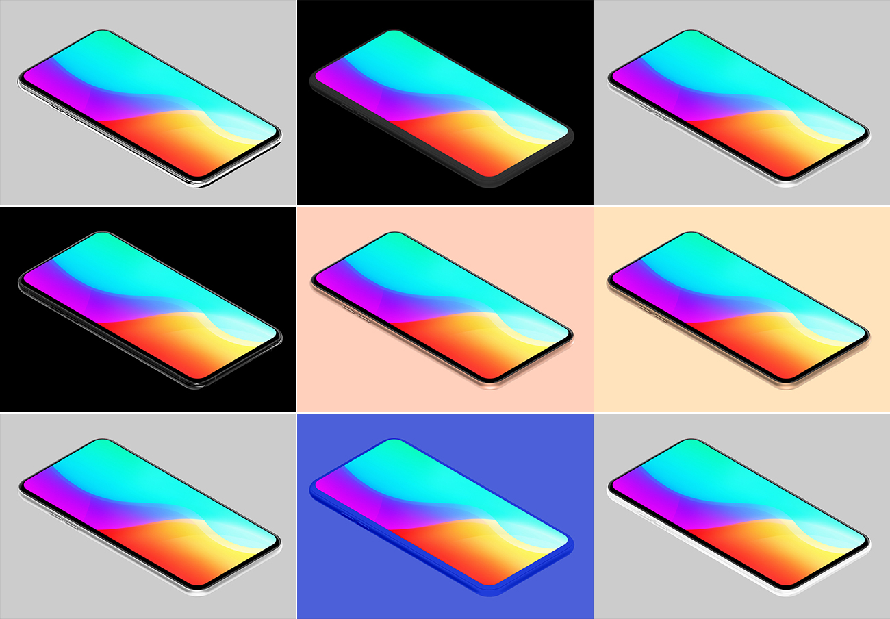 10种颜色机身通用智能手机等距视图样机贴图模版 Generi