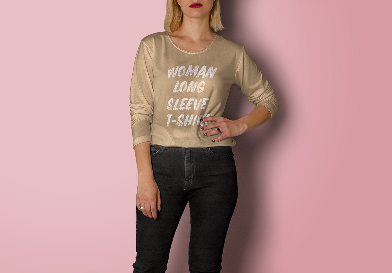 女士长袖T恤设计提案贴图展示模版 Psd Woman Lon