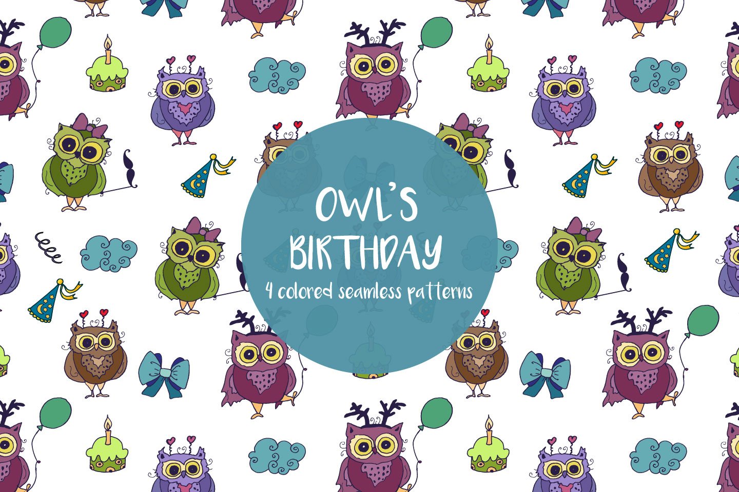 猫头鹰宝宝生日元素无缝拼接图案 Owl's Birthday