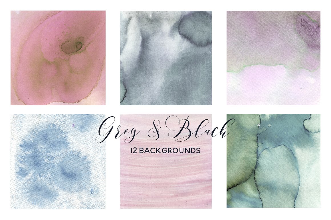 12个抽象水彩墨迹纹理背景素材 Grey & Blu