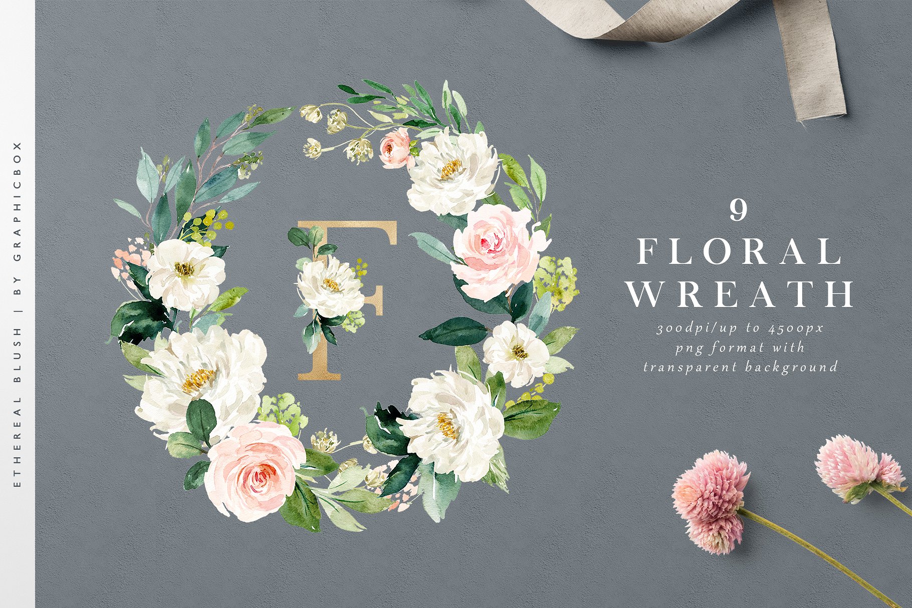 水彩+字母+花卉的设计素材 Ethereal Blush-F