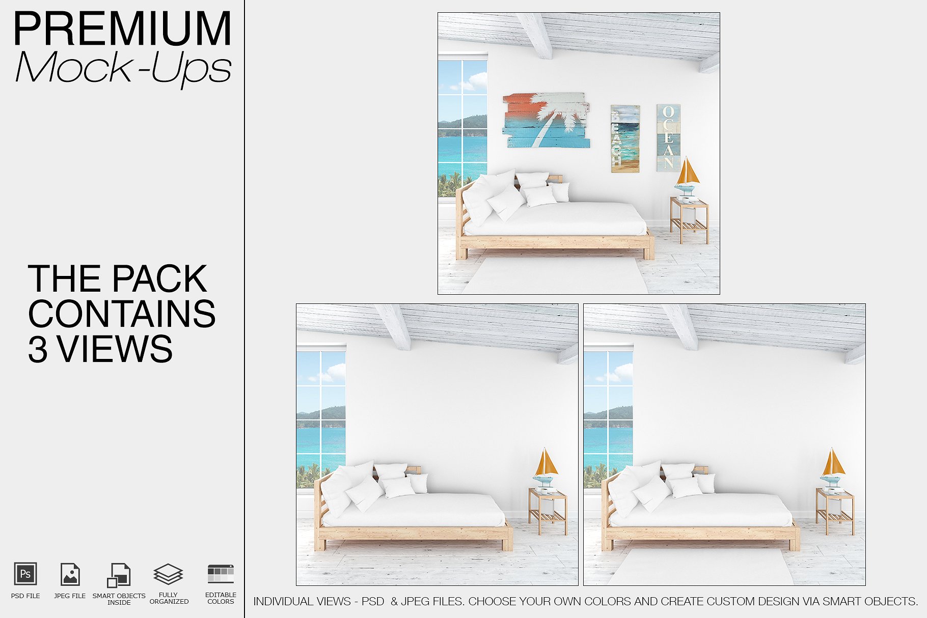 海景房室内场景枕头和框架展示样机素材 Coastal Sty