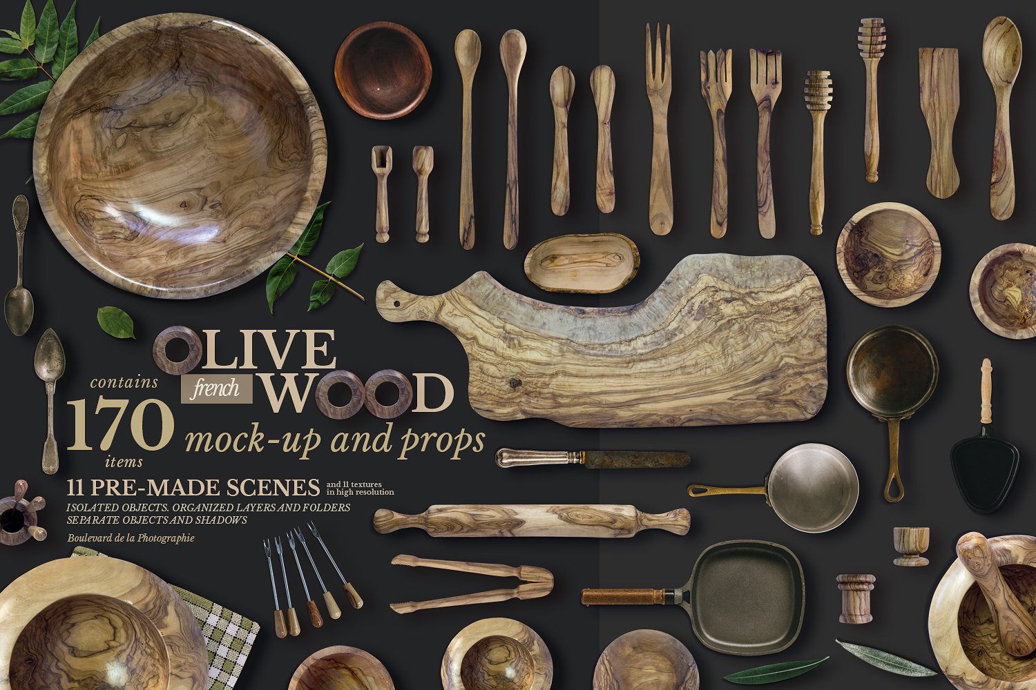 高端法国橄榄木厨房用品展示模型mockups #139668