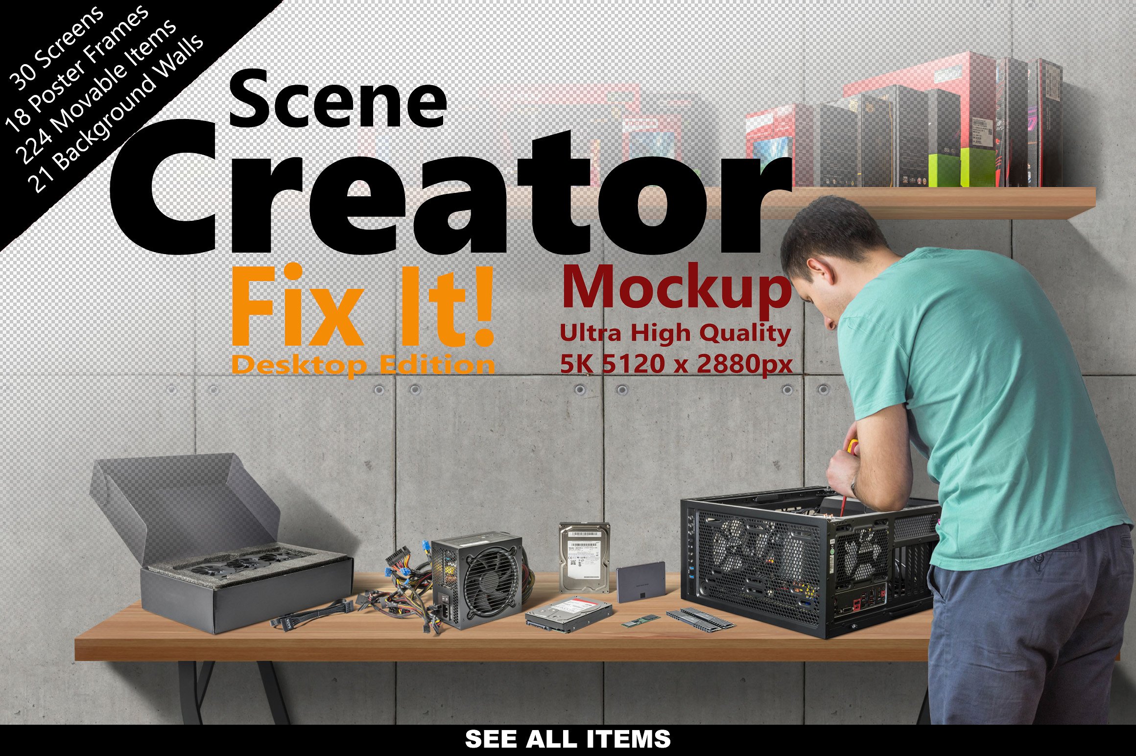 5K高清分辨率电脑修理场景样机 Scene Creator