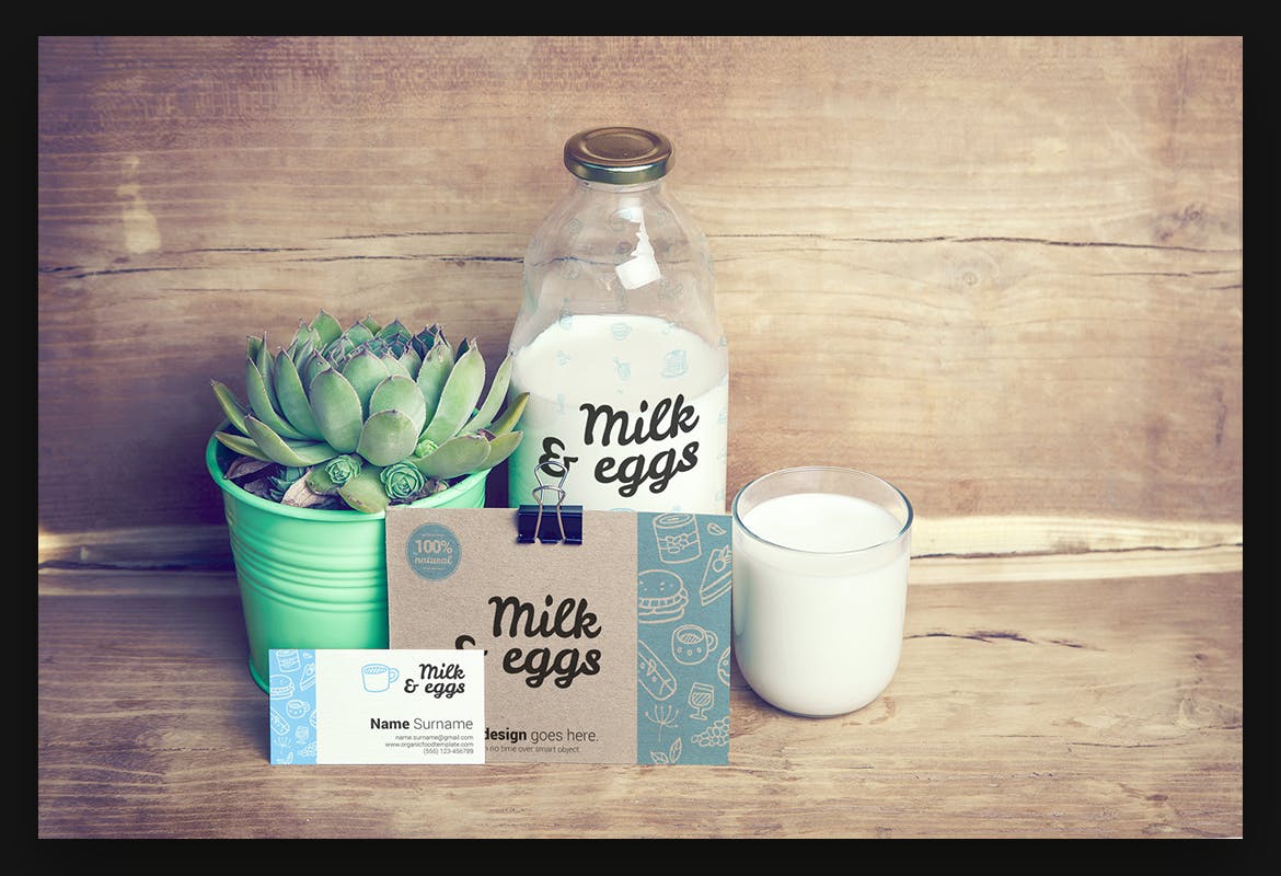 绿色健康有机食品照片牛奶和鸡蛋VI样机展示模型organic