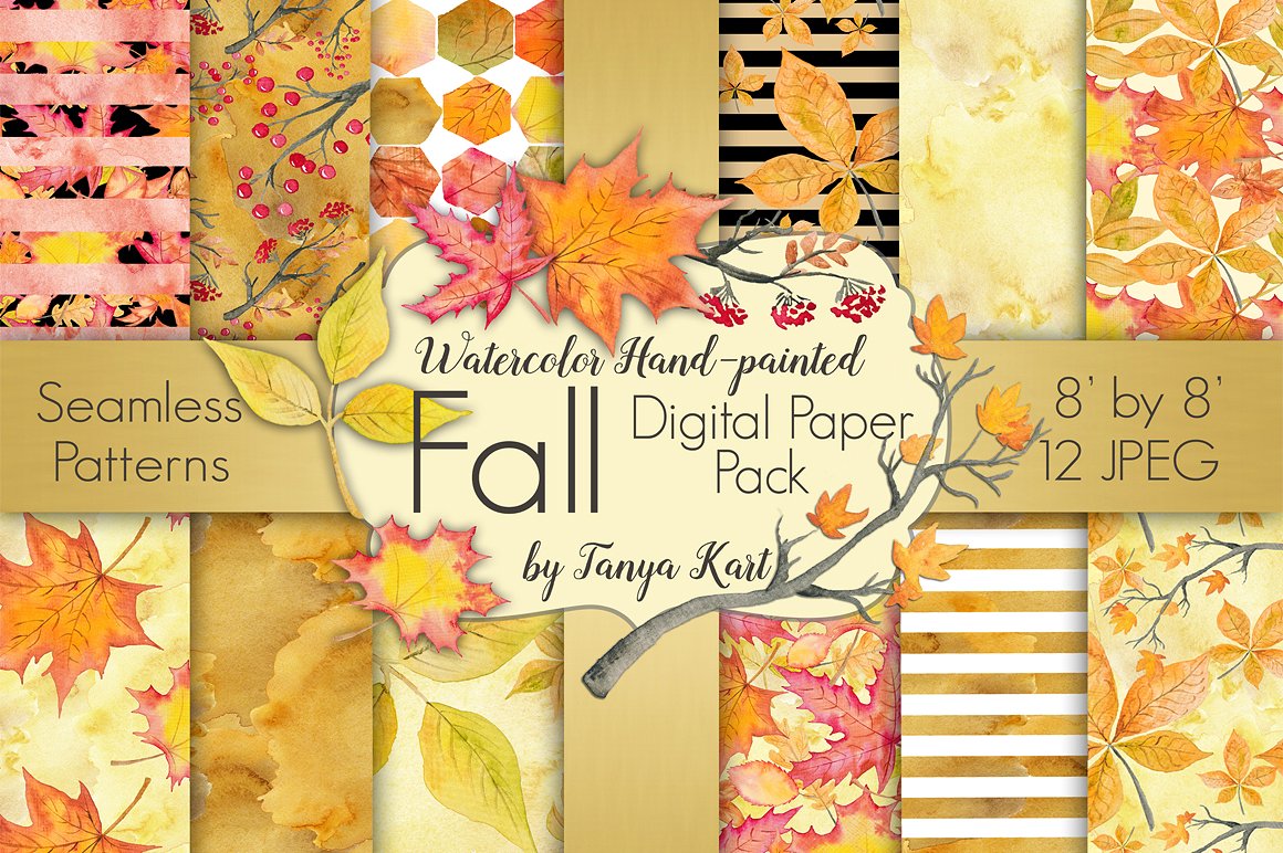 秋天树叶与相关背景纹理下载 Fall Watercolor