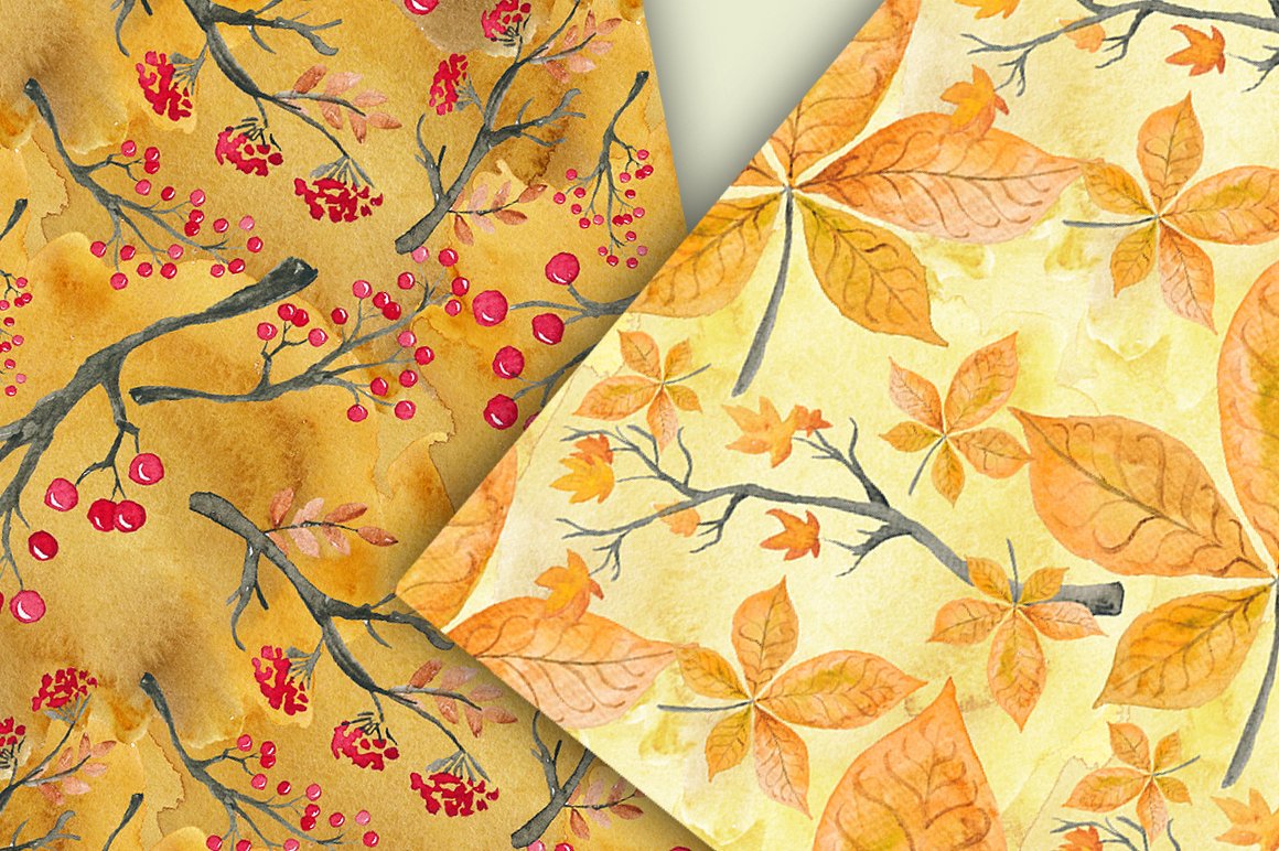 秋天树叶与相关背景纹理下载 Fall Watercolor