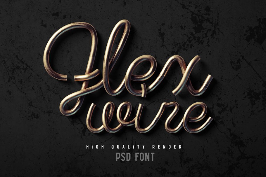 3D渲染金属文字设计素材Flex-wire-PSD-font